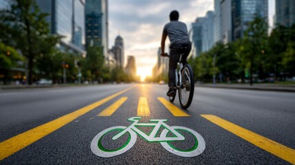 A person rides a bicycle down the center of a city street at sunrise or sunset, with a green bike lane symbol painted on the road and tall buildings on either side.