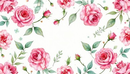 Delicate watercolor roses & leaves, repeating pattern, pink, seamless, romantic