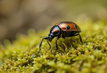 Fototapeta premium Beetle Crawling on Green Moss in Nature Macro Shot