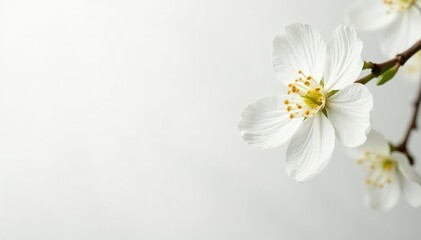 Obraz premium Delicate white blossoms against pure white backdrop, isolated, studio, wallpaper