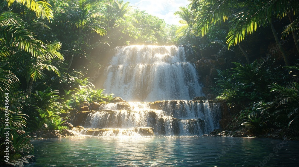 Poster lush waterfall cascading into a tranquil pool in a dense tropical jungle. sunlight streams through t