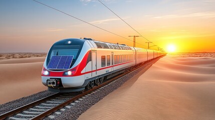 Naklejka premium Modern train on desert tracks at sunset. Possible use Stock photo for travel, transportation, innovation, technology