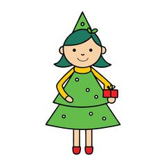 A girl holds a beautifully decorated New Year tree, glowing with festive lights and colorful ornaments, radiating joy and excitement for the upcoming year.
