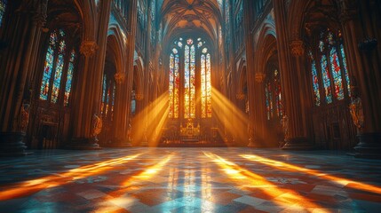 Majestic cathedral interior, sunbeams illuminating stained glass