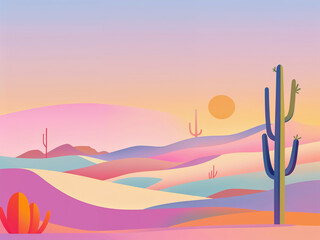 Minimalist Pastel Desert Landscape with Cactus and Gradient Sunset Sky