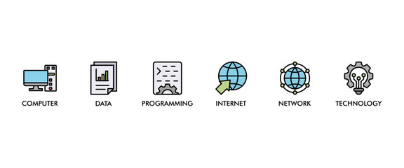 Information technology banner web icon vector illustration concept with icon of computer, data, programming, database, internet, network, and technology