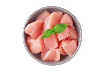 top view Raw diced chicken fillet in ceramic bowl isolated
