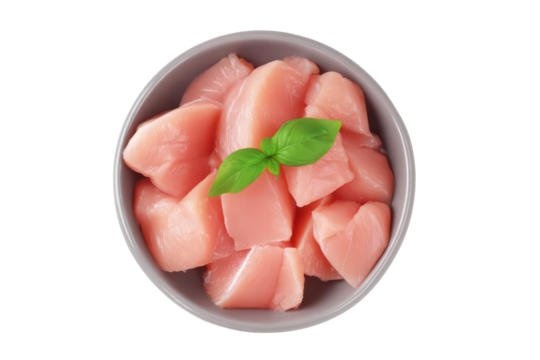 top view Raw diced chicken fillet in ceramic bowl isolated