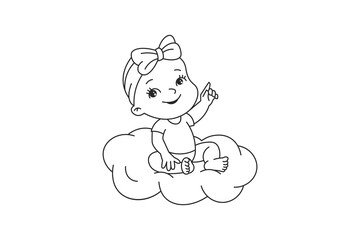 Baby Girl on Cloud Coloring Page – Cute Cartoon Outline Illustration