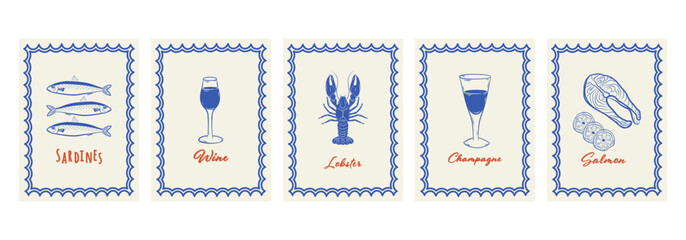 Fototapeta na wymiar Set of vintage hand-drawn posters with sardines, wine, lobster, champagne, and salmon. Mediterranean vertical designs perfect for travel, kitchen, packaging, or summer decor. Vector.