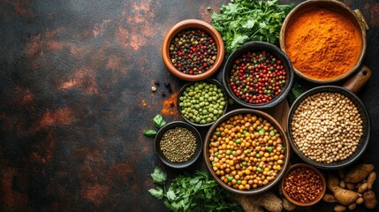 Aromatic Spices and Herbs Assortment on Rustic Background