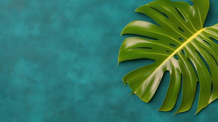 Obraz premium Vibrant Green Monstera Leaf on Teal Textured Background