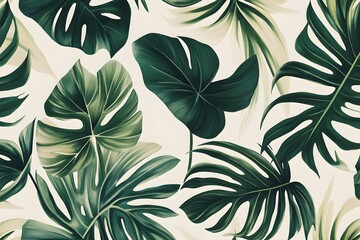 Lush green monstera leaves pattern design against a soft white background