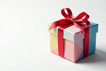 Obraz premium Colorful gift box with ribbon and bow on white background, surprise, birthday