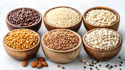 Assortment of Grains and Legumes in Wooden Bowls