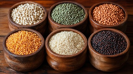 Six Bowls of Assorted Grains and Seeds Quinoa, Millet, Chia Seeds, and More