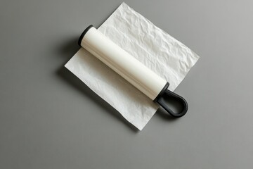 Fototapeta premium White cylindrical object with black handle rests on crumpled paper