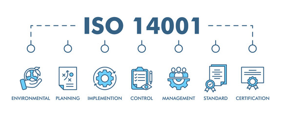 ISO 14001 BANNER WEB ICON VECTOR ILLUSTRATION CONCEPT WITH ICON OF ENVIRONMENTAL, PLANNING,IMPLEMENTION, CONTROL, MANAGEMENT, STANDARD AND CERTIFICATION