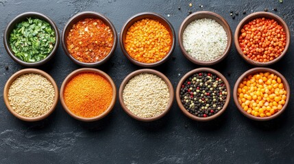 Assortment of Spices and Grains in Bowls on Dark Background