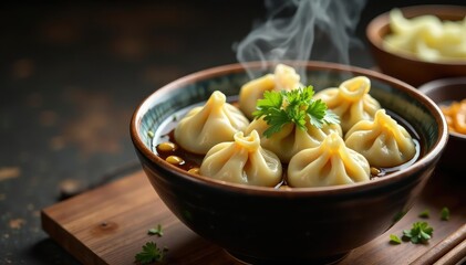 Steaming bowl of dumplings, chopsticks, ginger, soy sauce, appetizer, white background