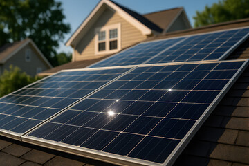 Fototapeta premium Sunlit Solar Panels: A Simple Composition Captures the Essence of Clean Energy. This image showcases the beauty and efficiency of solar technology, bathed in sunlight, highlighting their rol