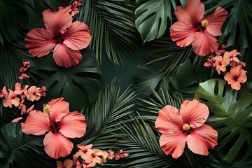 Lush tropical arrangement with vivid pink hibiscus flowers and green foliage backdrop