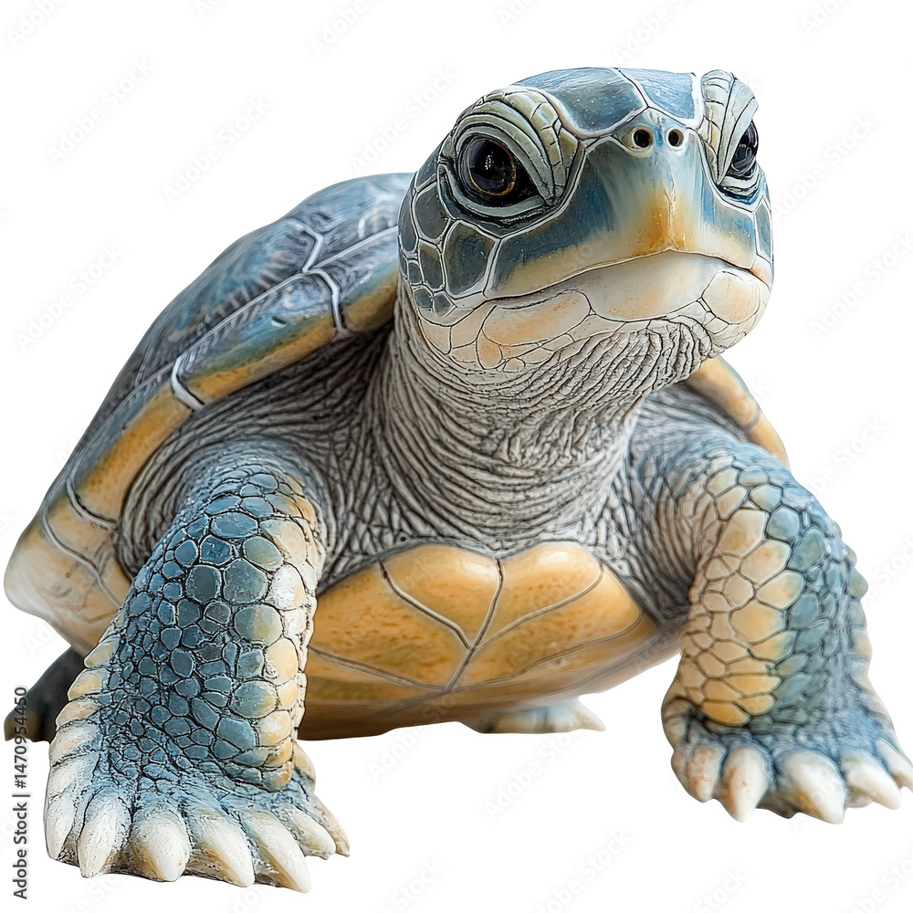 Poster captivating turtle figurine with textured carapace and serene expression against transparency