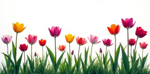 Fototapeta premium Colorful spring flowers in silhouette against white backdrop, botanical, white background