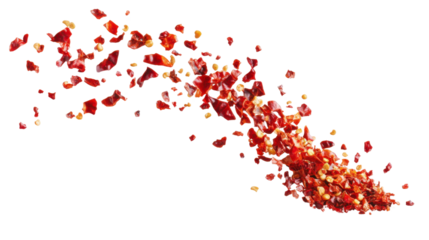 Floating Crushed Red Pepper Flakes Isolated on White Background in Spicy Culinary Explosion Concept