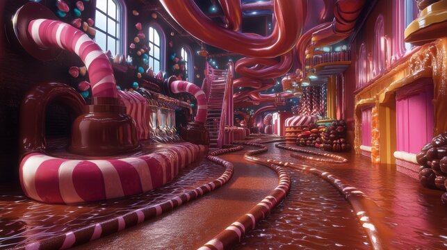 A Whimsical Journey Through a Chocolate Candy Factory: An Immersive 3D Render of a Sweet Dreamscape