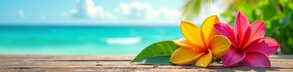 Fototapeta premium Colorful tropical flowers on wooden table with ocean view, sea, background, tropical