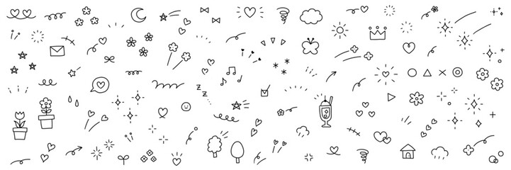 手書きの飾りイラストのベクターイラストセット。手描き、集中線、矢印、花、落書き、ハート、星