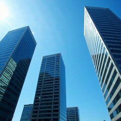 Obraz premium Contemporary glass facades of corporate high-rises against clear blue sky, windows, business, buildings