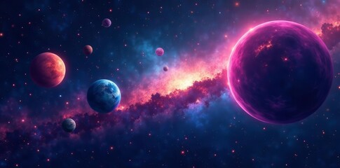 Cosmic galaxy with colorful planets and stars on dark background, science, exploration, solar system