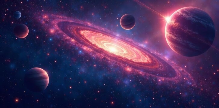 Cosmic galaxy with colorful planets and stars on dark background, celestial, surreal, exploration