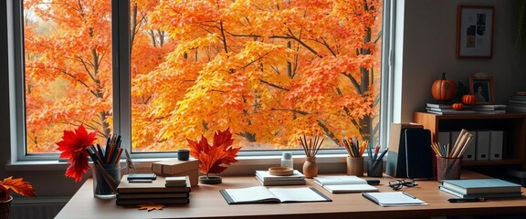Cozy autumn workspace with office supplies by a large window overlooking vibrant fall foliage, mouse, work
