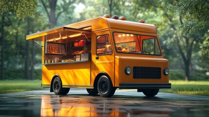 Vintage Yellow Food Truck in a Sunny Park