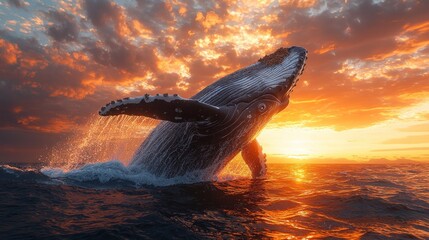 Fototapeta premium Majestic whale leaps at vibrant sunset