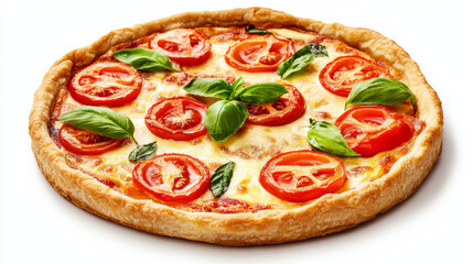 Tasty quiche with tomatoes, basil and cheese isolated on white 