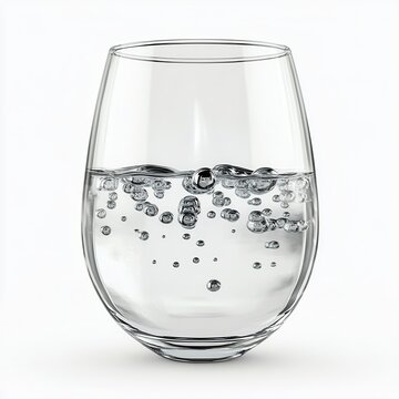Clear glass wine glass filled with water.  Small bubbles rising