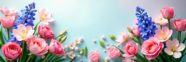 Obraz premium Creative Easter backdrop featuring blooming roses, lilies, and hyacinths, creative, Easter