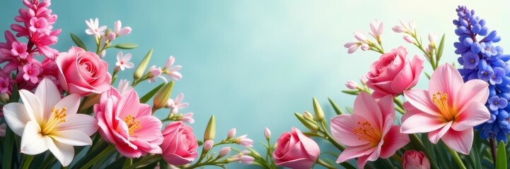 Obraz premium Creative Easter backdrop featuring blooming roses, lilies, and hyacinths, backdrop, fresh, flowers
