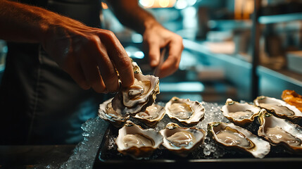 A chef preparing fresh oysters. 