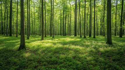 Fototapeta premium Serene Sunlight Filtering Through a Lush Green Forest Canopy