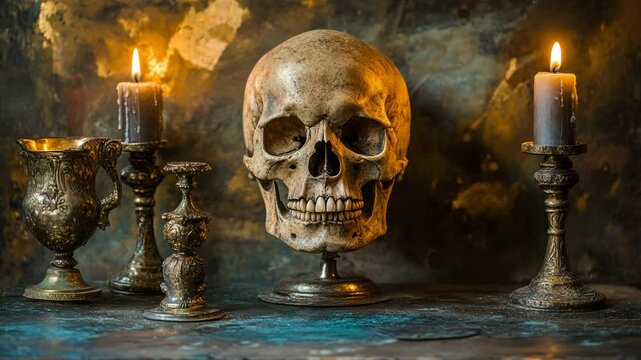 Human skull with lit candles and antique vessels on dark background. Still life, moody, mysterious.