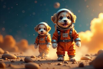 Naklejka premium Cute dogs in old-fashioned space suits embarking on space adventure, pets, old-fashioned