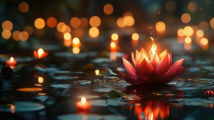 Floating lotus candle on water, surrounded by many candles