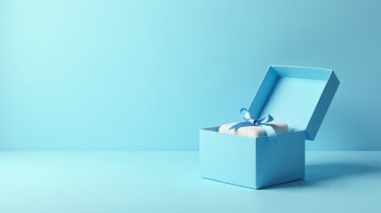 A light blue gift box with a white item and a light blue ribbon sits on a light blue background