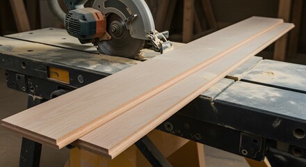 Cutting Wood Planks with a Circular Saw on a Table