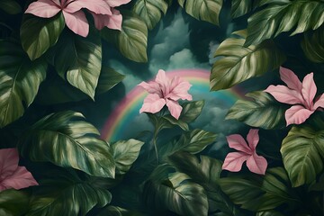 Fototapeta premium Lush Pink Flowers and Tropical Leaves with Rainbow Background Artistic Illustration